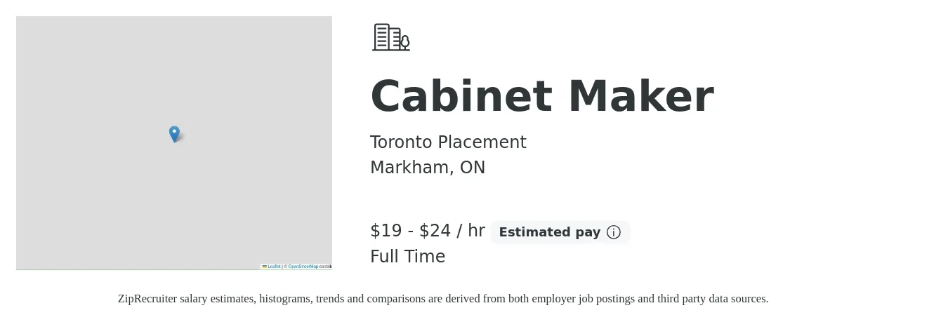 Toronto Placement job posting for a Cabinet Maker in Markham, ON with a salary of $20 to $25 Hourly with a map of Markham location.