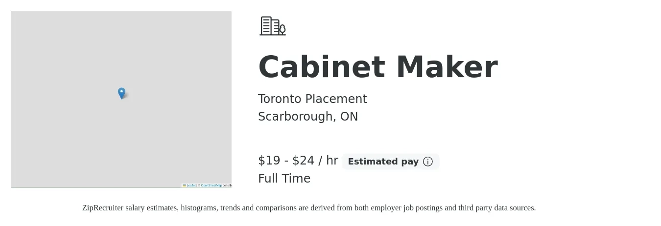 Toronto Placement job posting for a Cabinet Maker in Scarborough, ON with a salary of $20 to $25 Hourly with a map of Scarborough location.