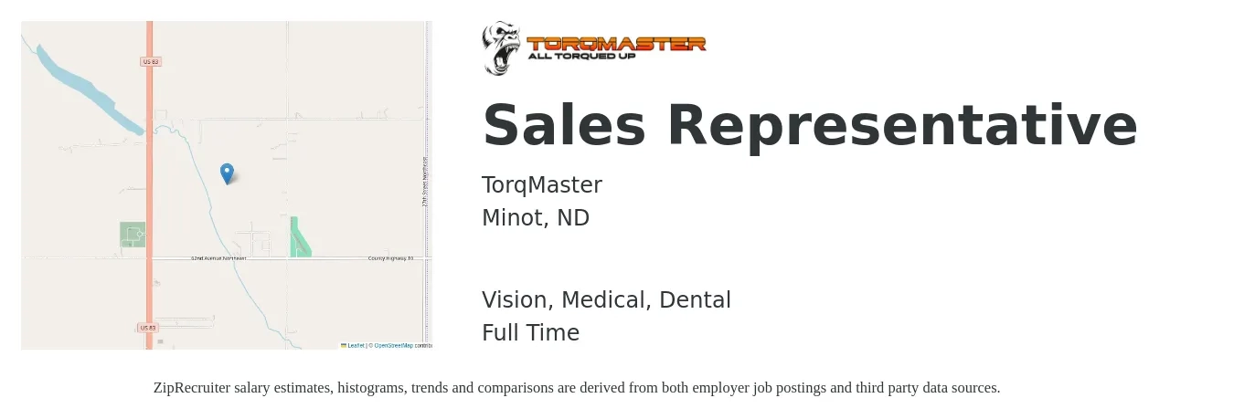 TorqMaster job posting for a Sales Representative in Minot, ND with a salary of $53,000 to $92,200 Yearly and benefits including vision, dental, and medical with a map of Minot location.
