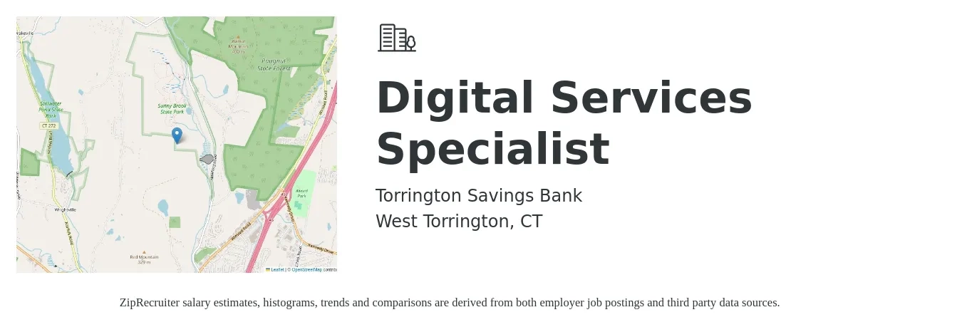 Torrington Savings Bank job posting for a Digital Services Specialist in West Torrington, CT with a salary of $48,600 to $113,200 Yearly with a map of West Torrington location.