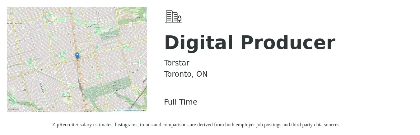Torstar job posting for a Digital Producer in Toronto, ON with a salary of $58,735 to $71,890 Yearly with a map of Toronto location.