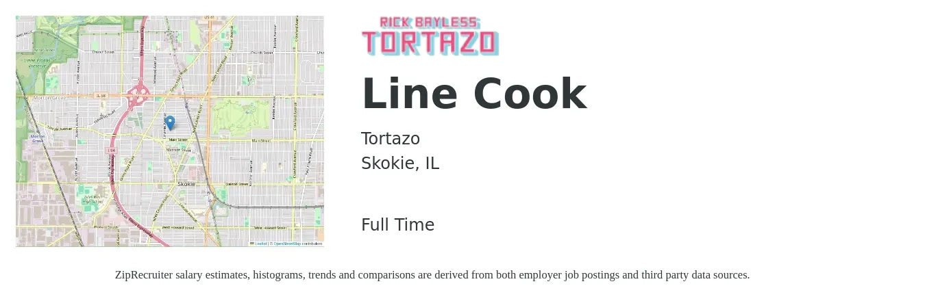 Tortazo job posting for a Line Cook in Skokie, IL with a salary of $15 to $19 Hourly with a map of Skokie location.