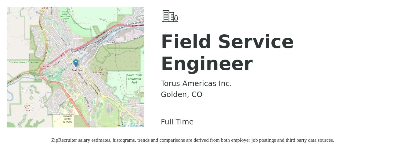 Torus Americas Inc. job posting for a Field Service Engineer in Golden, CO with a salary of $29 to $31 Hourly with a map of Golden location.
