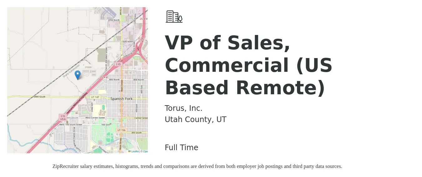Torus, Inc. job posting for a VP of Sales, Commercial (US Based Remote) in Utah County, UT with a salary of $112,800 to $176,000 Yearly with a map of Utah County location.