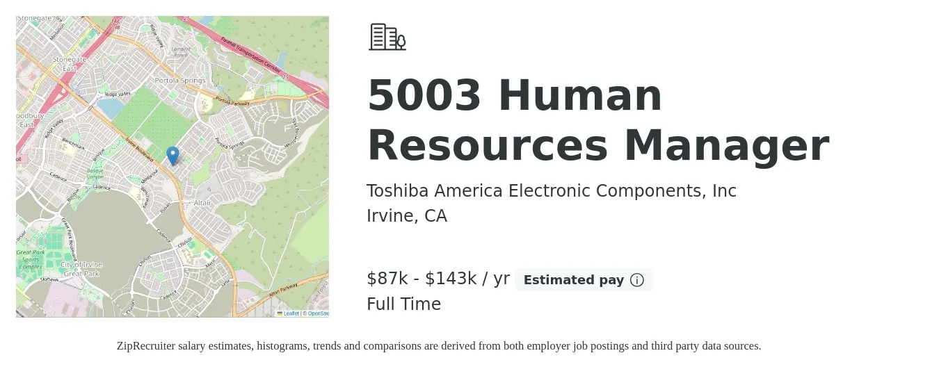 Toshiba America Electronic Components, Inc job posting for a 5003 Human Resources Manager in Irvine, CA with a salary of $87,000 to $143,500 Yearly with a map of Irvine location.