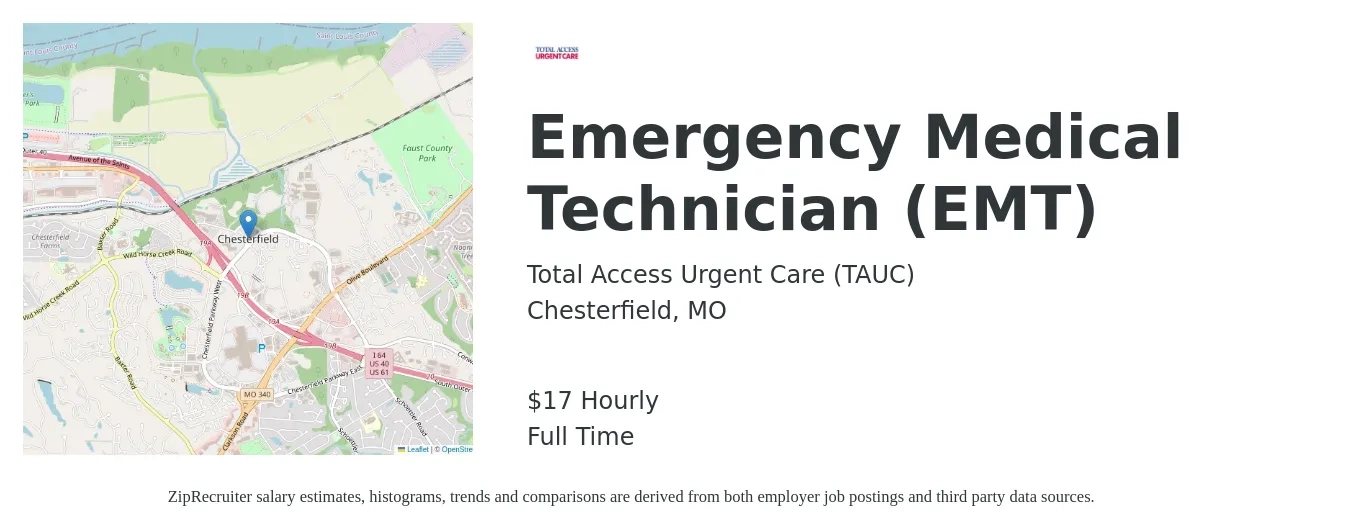Total Access Urgent Care job posting for a Emergency Medical Technician (EMT) in Chesterfield, MO with a salary of $18 Hourly with a map of Chesterfield location.