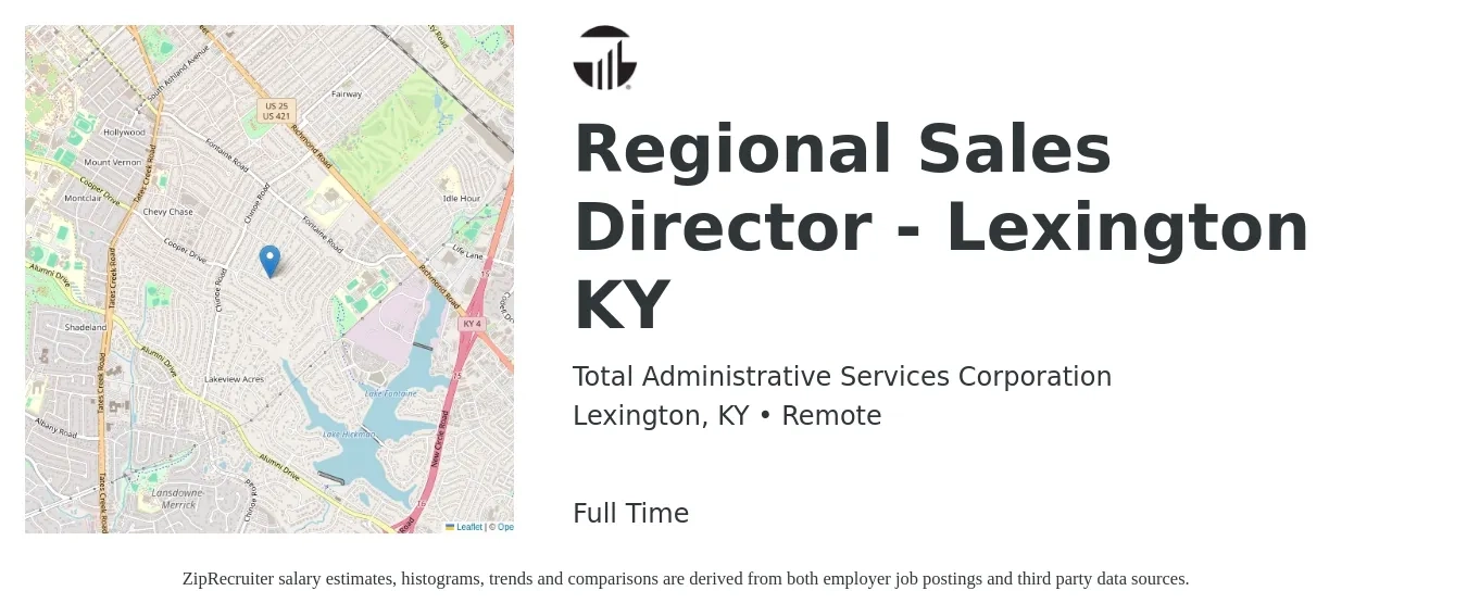 Total Administrative Services Corporation job posting for a Regional Sales Director - Lexington KY in Lexington, KY with a salary of $77,100 to $120,300 Yearly with a map of Lexington location.