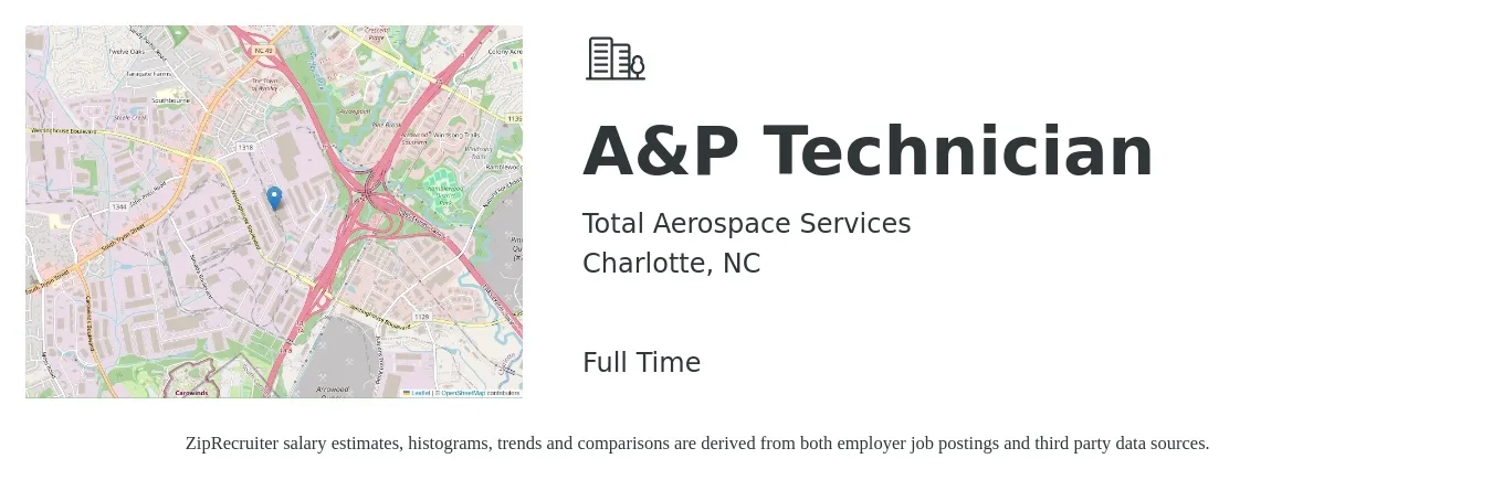 Total Aerospace Services job posting for a A&P Technician in Charlotte, NC with a salary of $31 to $40 Hourly with a map of Charlotte location.