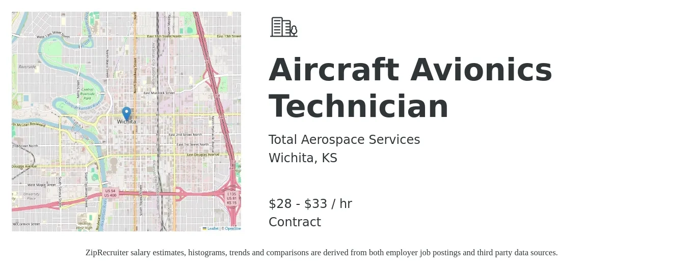 Total Aerospace Services job posting for a Aircraft Avionics Technician in Wichita, KS with a salary of $30 to $35 Hourly with a map of Wichita location.