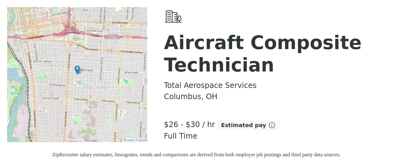 Total Aerospace Services job posting for a Aircraft Composite Technician in Columbus, OH with a salary of $28 to $32 Hourly with a map of Columbus location.