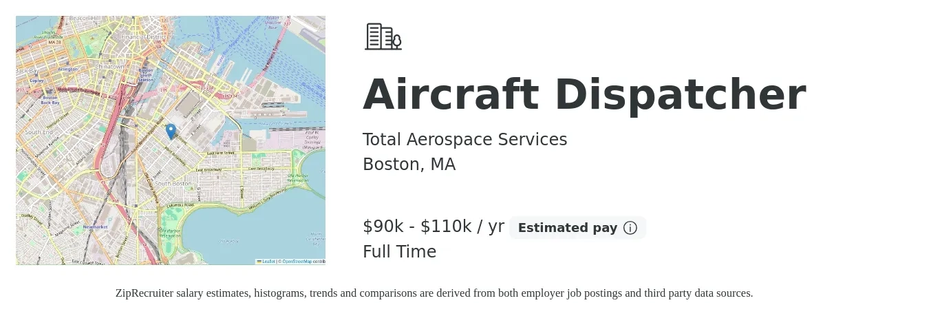 Total Aerospace Services job posting for a Aircraft Dispatcher in Boston, MA with a salary of $90,000 to $110,000 Yearly with a map of Boston location.