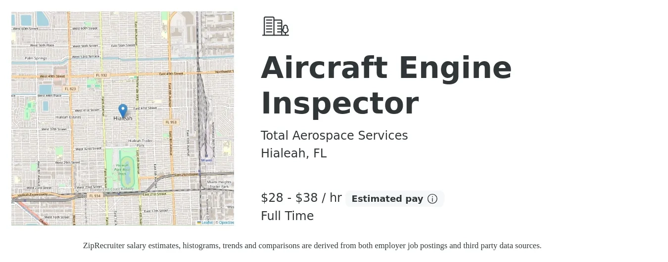 Total Aerospace Services job posting for a Aircraft Engine Inspector in Hialeah, FL with a salary of $30 to $40 Hourly with a map of Hialeah location.