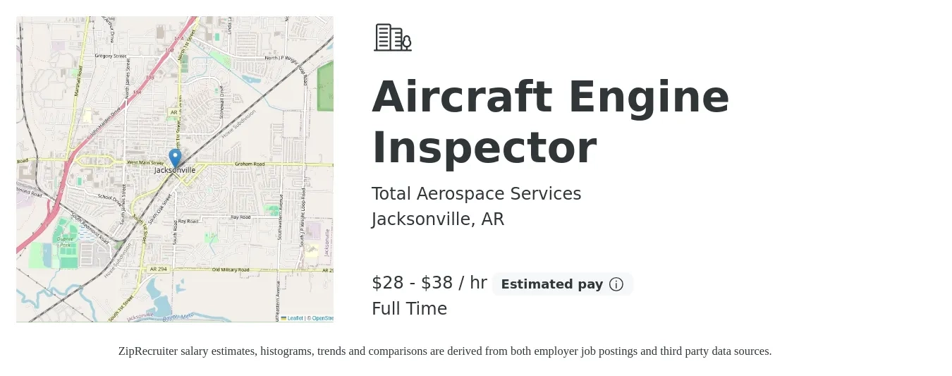 Total Aerospace Services job posting for a Aircraft Engine Inspector in Jacksonville, AR with a salary of $30 to $40 Hourly with a map of Jacksonville location.
