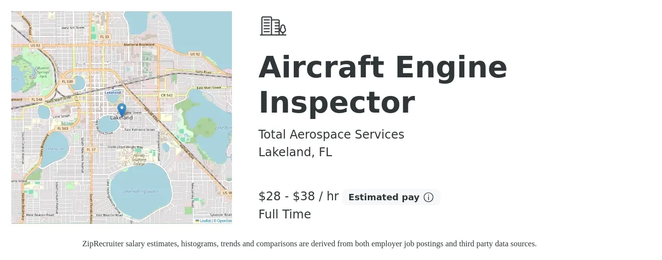Total Aerospace Services job posting for a Aircraft Engine Inspector in Lakeland, FL with a salary of $30 to $40 Hourly with a map of Lakeland location.
