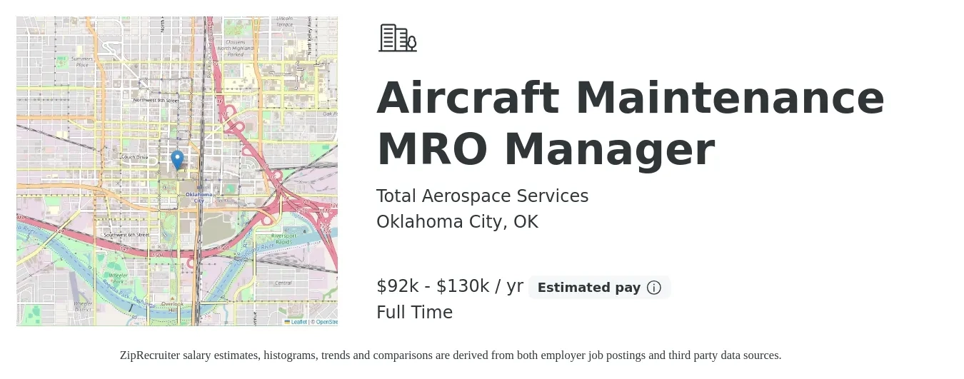 Total Aerospace Services job posting for a Aircraft Maintenance MRO Manager in Oklahoma City, OK with a salary of $92,000 to $130,000 Yearly with a map of Oklahoma City location.