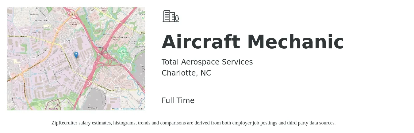 Total Aerospace Services job posting for a Aircraft Mechanic in Charlotte, NC with a salary of $28 to $37 Hourly with a map of Charlotte location.