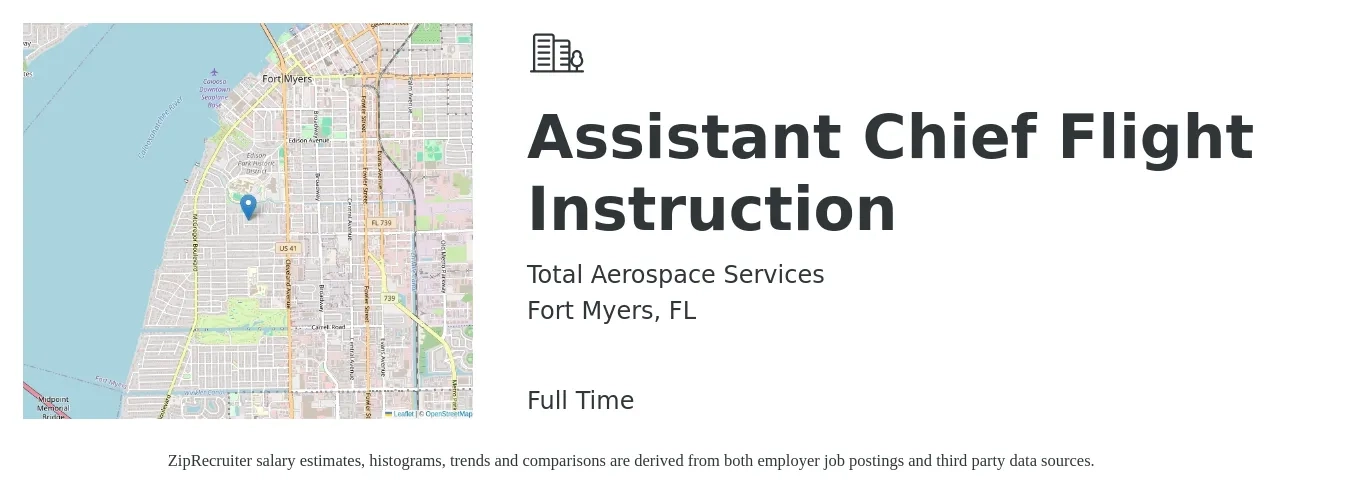 Total Aerospace Services job posting for a Assistant Chief Flight Instruction in Fort Myers, FL with a salary of $67,700 to $167,000 Yearly with a map of Fort Myers location.