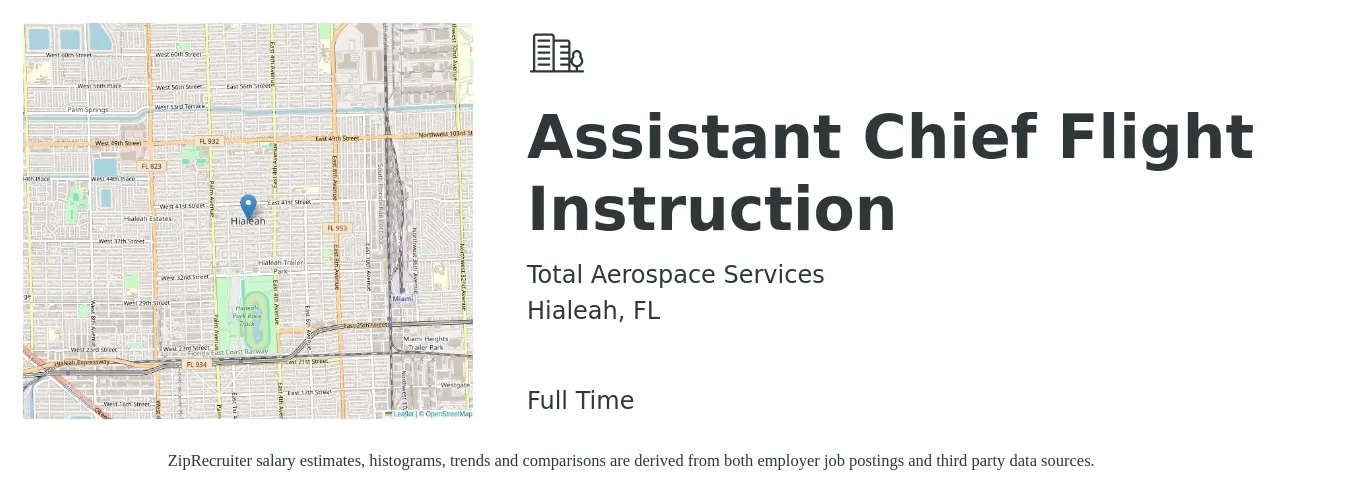 Total Aerospace Services job posting for a Assistant Chief Flight Instruction in Hialeah, FL with a salary of $65,700 to $162,100 Yearly with a map of Hialeah location.
