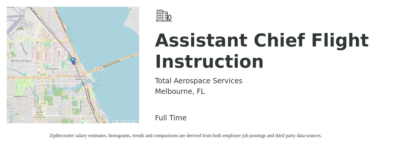 Total Aerospace Services job posting for a Assistant Chief Flight Instruction in Melbourne, FL with a salary of $67,100 to $165,700 Yearly with a map of Melbourne location.