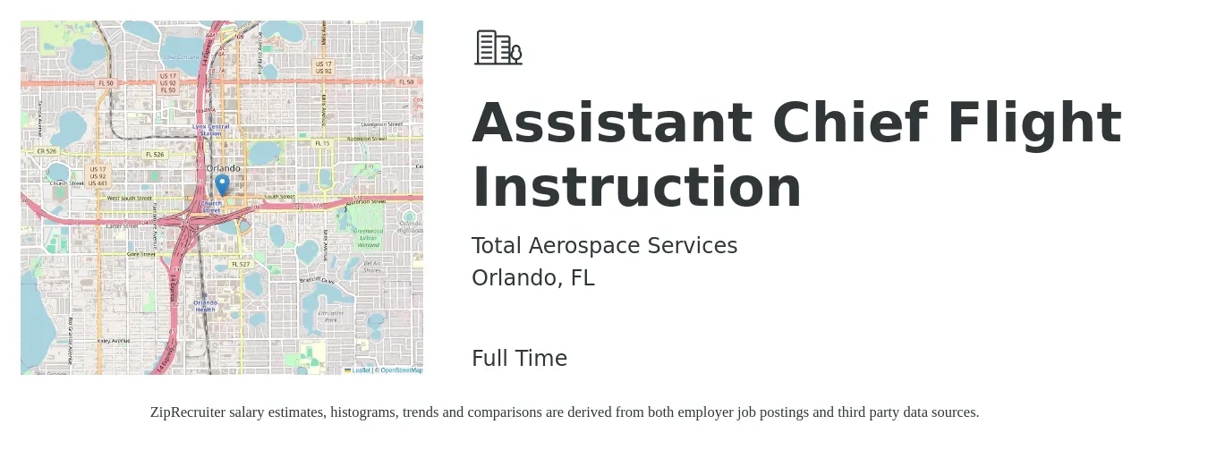 Total Aerospace Services job posting for a Assistant Chief Flight Instruction in Orlando, FL with a salary of $63,600 to $157,000 Yearly with a map of Orlando location.