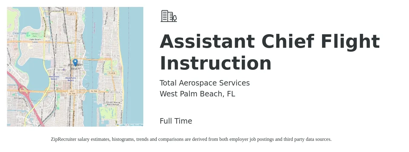 Total Aerospace Services job posting for a Assistant Chief Flight Instruction in West Palm Beach, FL with a salary of $70,100 to $173,200 Yearly with a map of West Palm Beach location.
