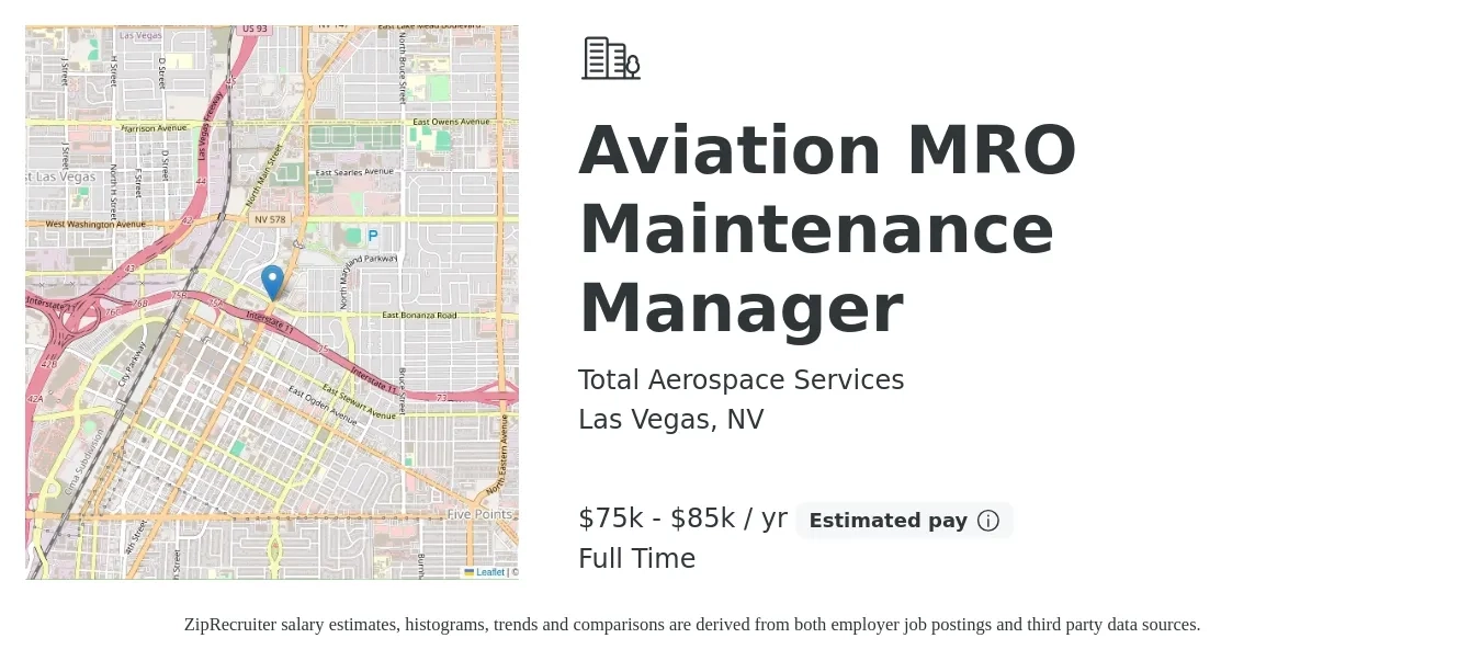Total Aerospace Services job posting for a Aviation MRO Maintenance Manager in Las Vegas, NV with a salary of $75,000 to $85,000 Yearly with a map of Las Vegas location.