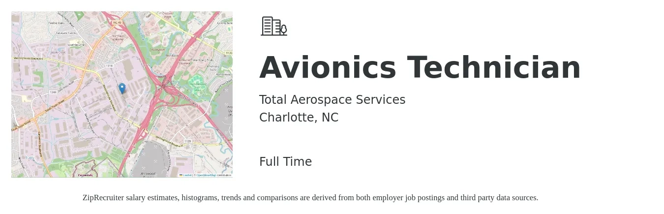 Total Aerospace Services job posting for a Avionics Technician in Charlotte, NC with a salary of $28 to $37 Hourly with a map of Charlotte location.