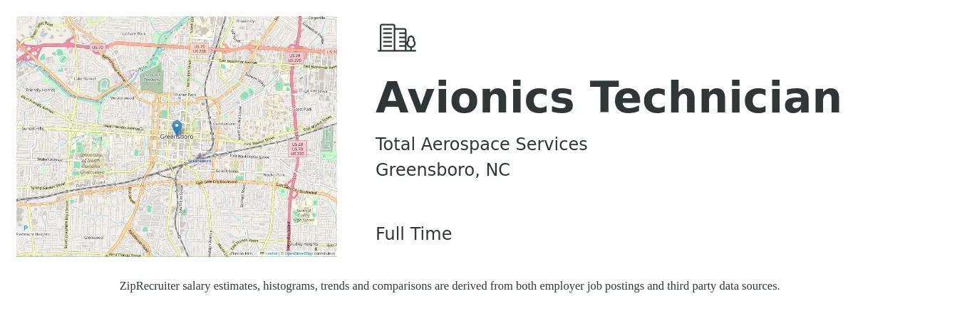 Total Aerospace Services job posting for a Avionics Technician in Greensboro, NC with a salary of $28 to $36 Hourly with a map of Greensboro location.