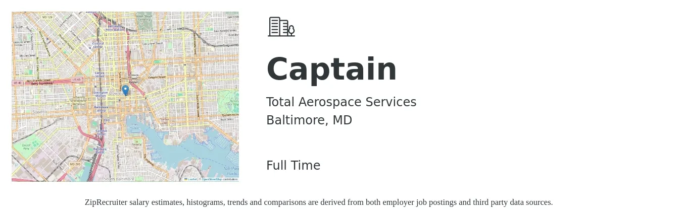 Total Aerospace Services job posting for a Captain in Baltimore, MD with a salary of $18 to $43 Hourly with a map of Baltimore location.