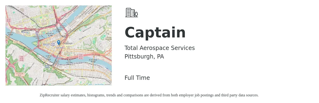 Total Aerospace Services job posting for a Captain in Pittsburgh, PA with a salary of $18 to $42 Hourly with a map of Pittsburgh location.
