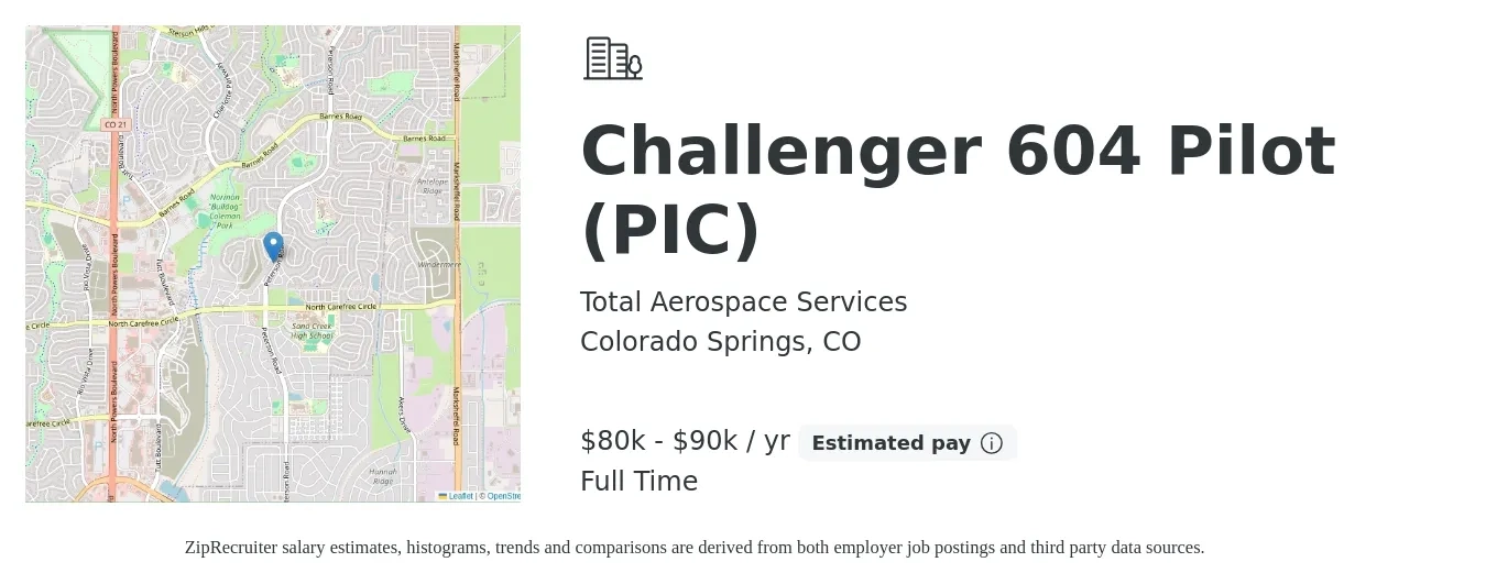 Total Aerospace Services job posting for a Challenger 604 Pilot (PIC) in Colorado Springs, CO with a salary of $80,000 to $90,000 Yearly with a map of Colorado Springs location.