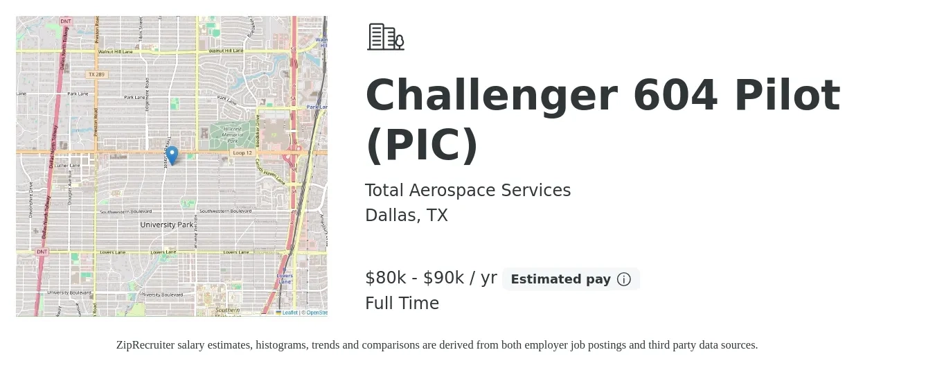 Total Aerospace Services job posting for a Challenger 604 Pilot (PIC) in Dallas, TX with a salary of $80,000 to $90,000 Yearly with a map of Dallas location.