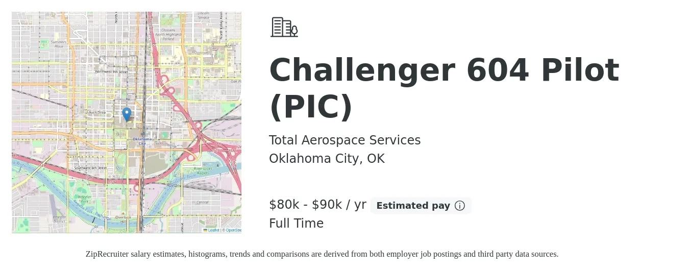 Total Aerospace Services job posting for a Challenger 604 Pilot (PIC) in Oklahoma City, OK with a salary of $80,000 to $90,000 Yearly with a map of Oklahoma City location.