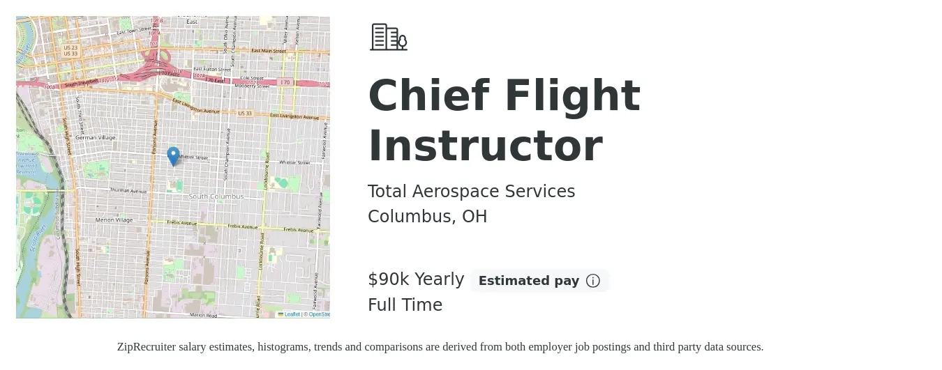 Total Aerospace Services job posting for a Chief Flight Instructor in Columbus, OH with a salary of $90,000 Yearly with a map of Columbus location.