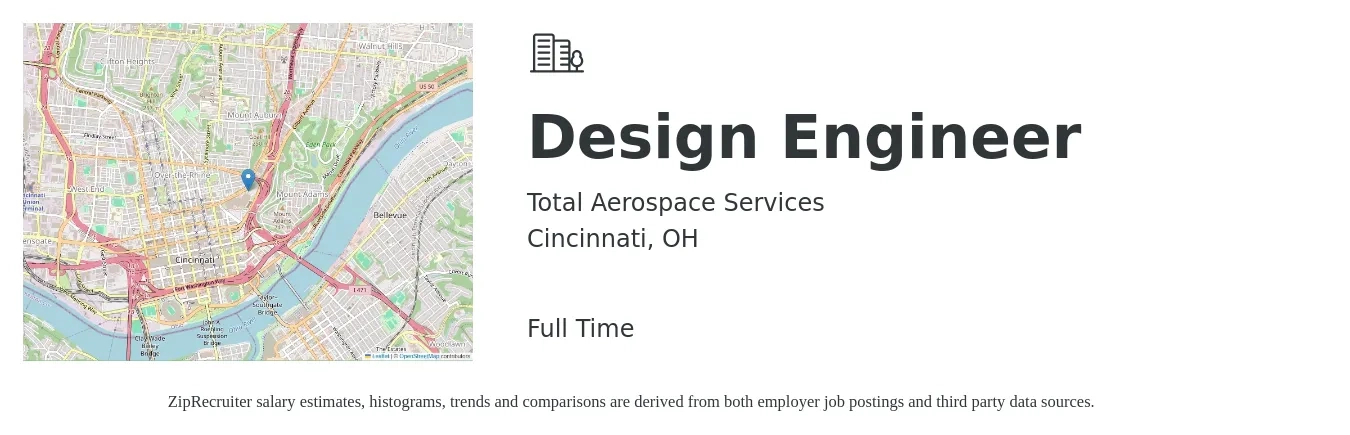 Total Aerospace Services job posting for a Design Engineer in Cincinnati, OH with a salary of $65,300 to $94,600 Yearly with a map of Cincinnati location.