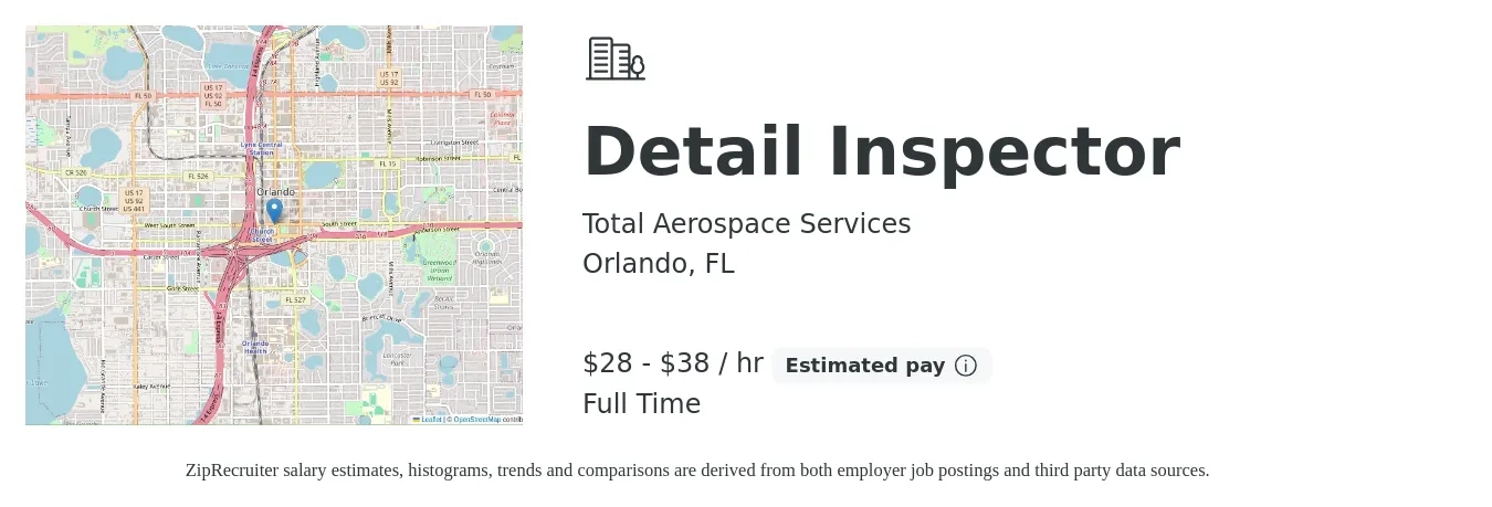 Total Aerospace Services job posting for a Detail Inspector in Orlando, FL with a salary of $30 to $40 Hourly with a map of Orlando location.