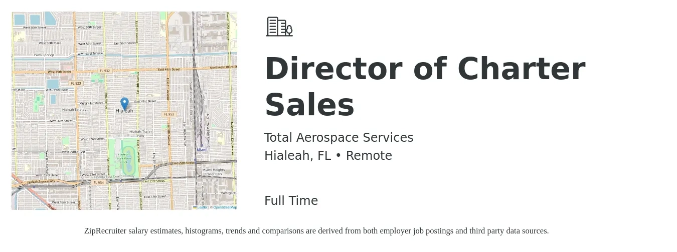 Total Aerospace Services job posting for a Director of Charter Sales in Hialeah, FL with a salary of $63,800 to $113,200 Yearly with a map of Hialeah location.