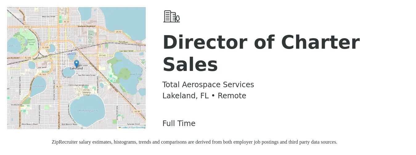 Total Aerospace Services job posting for a Director of Charter Sales in Lakeland, FL with a salary of $64,400 to $114,300 Yearly with a map of Lakeland location.