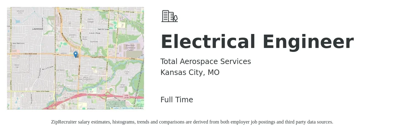 Total Aerospace Services job posting for a Electrical Engineer in Kansas City, MO with a salary of $81,000 to $128,800 Yearly with a map of Kansas City location.