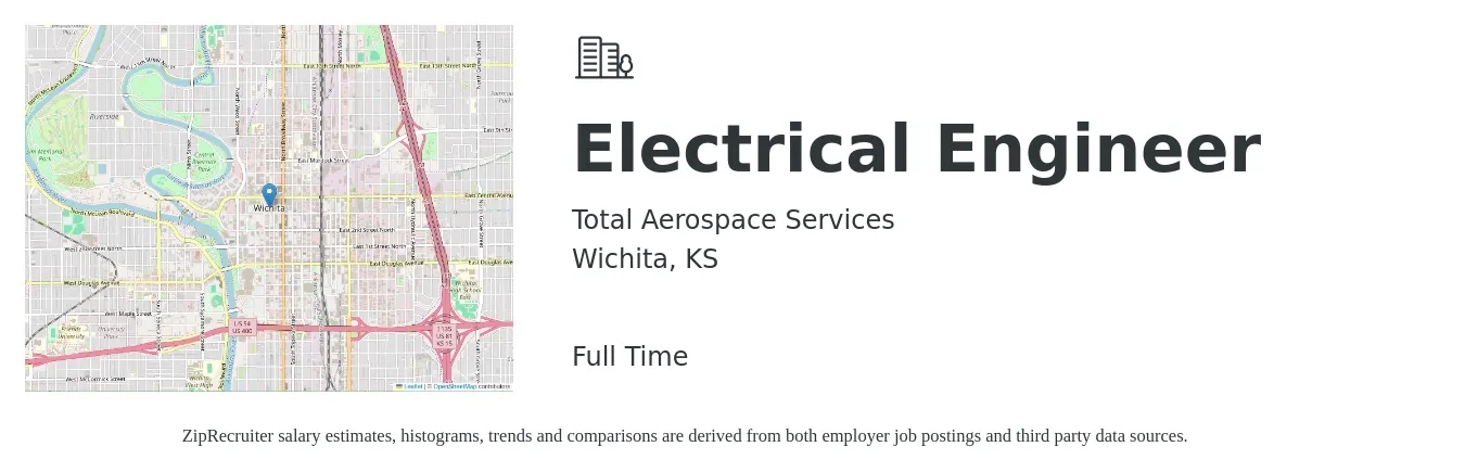Total Aerospace Services job posting for a Electrical Engineer in Wichita, KS with a salary of $74,300 to $118,100 Yearly with a map of Wichita location.