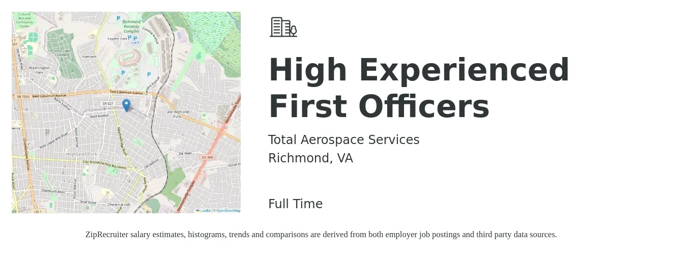Total Aerospace Services job posting for a High Experienced First Officers in Richmond, VA with a salary of $47,500 Yearly with a map of Richmond location.