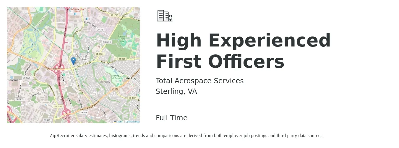 Total Aerospace Services job posting for a High Experienced First Officers in Sterling, VA with a salary of $48,000 Yearly with a map of Sterling location.