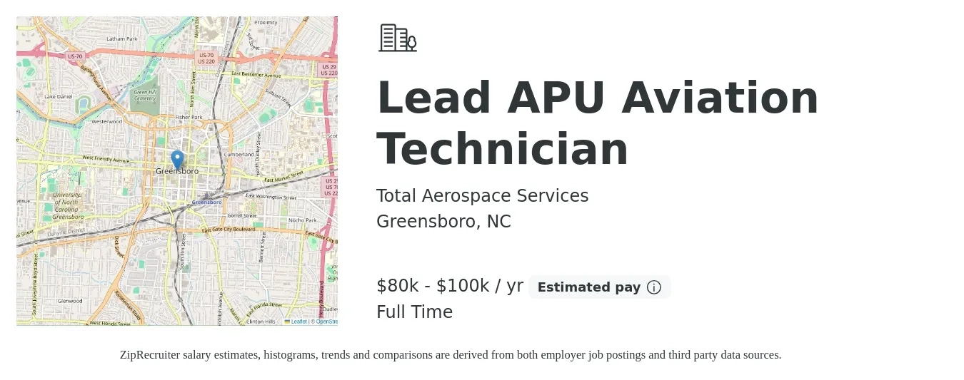 Total Aerospace Services job posting for a Lead APU Aviation Technician in Greensboro, NC with a salary of $80,000 to $100,000 Yearly with a map of Greensboro location.