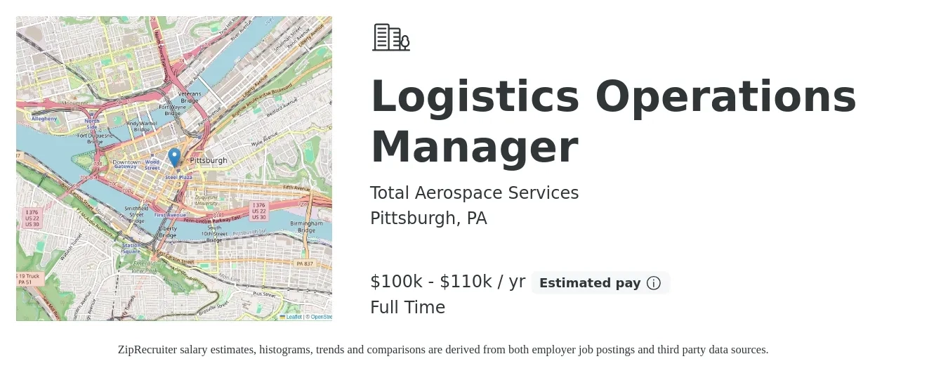 Total Aerospace Services job posting for a Logistics Operations Manager in Pittsburgh, PA with a salary of $100,000 to $110,000 Yearly with a map of Pittsburgh location.