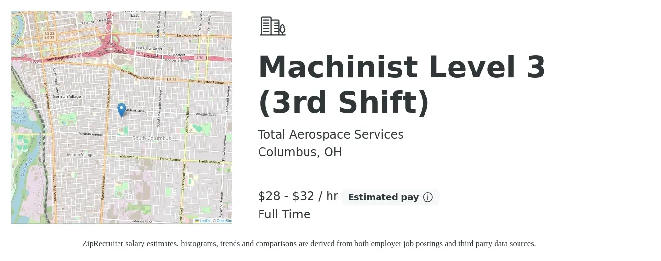 Total Aerospace Services job posting for a Machinist Level 3 (3rd Shift) in Columbus, OH with a salary of $30 to $34 Hourly with a map of Columbus location.