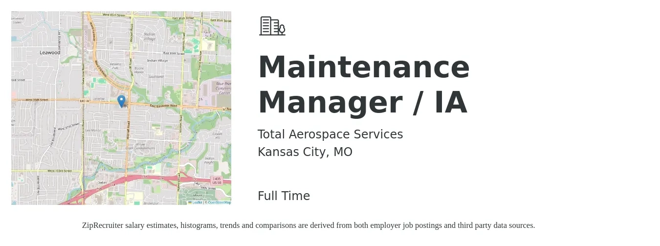 Total Aerospace Services job posting for a Maintenance Manager / IA in Kansas City, MO with a salary of $24 to $39 Hourly with a map of Kansas City location.
