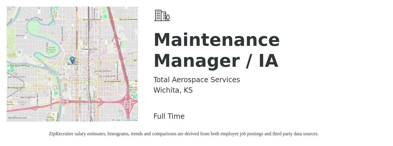 Total Aerospace Services job posting for a Maintenance Manager / IA in Wichita, KS with a salary of $22 to $36 Hourly with a map of Wichita location.