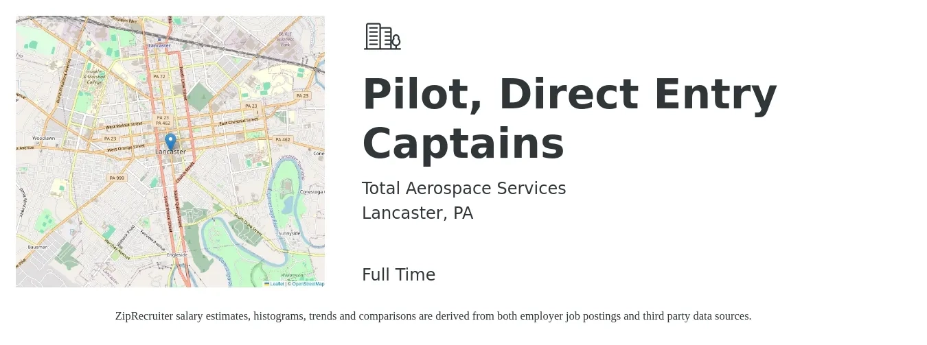 Total Aerospace Services job posting for a Pilot, Direct Entry Captains in Lancaster, PA with a salary of $168,600 to $203,600 Yearly with a map of Lancaster location.