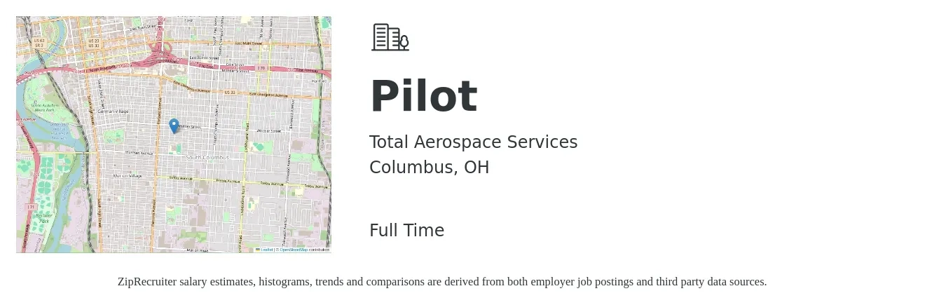 Total Aerospace Services job posting for a Pilot in Columbus, OH with a salary of $91,100 to $141,200 Yearly with a map of Columbus location.