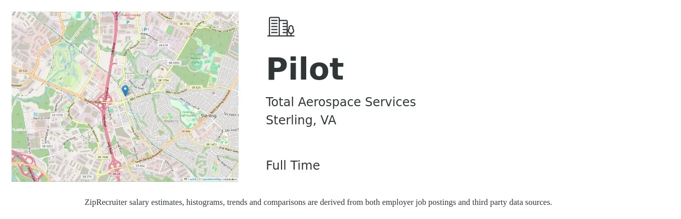 Total Aerospace Services job posting for a Pilot in Sterling, VA with a salary of $101,000 to $156,500 Yearly with a map of Sterling location.